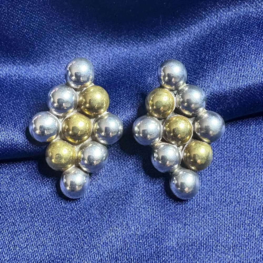 Earrings TAXCO Solid Sterling Silver and Gold Ball Marquise Shape Design - Picture 2 of 9